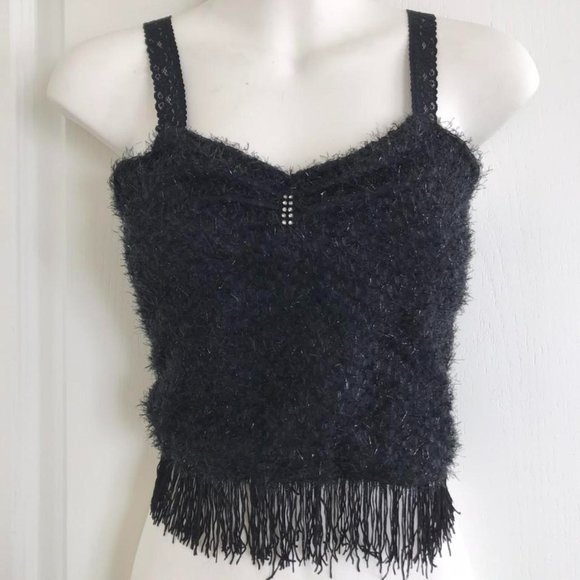 Tops - Black Eyelash Crop Top Rhinestones + Straps